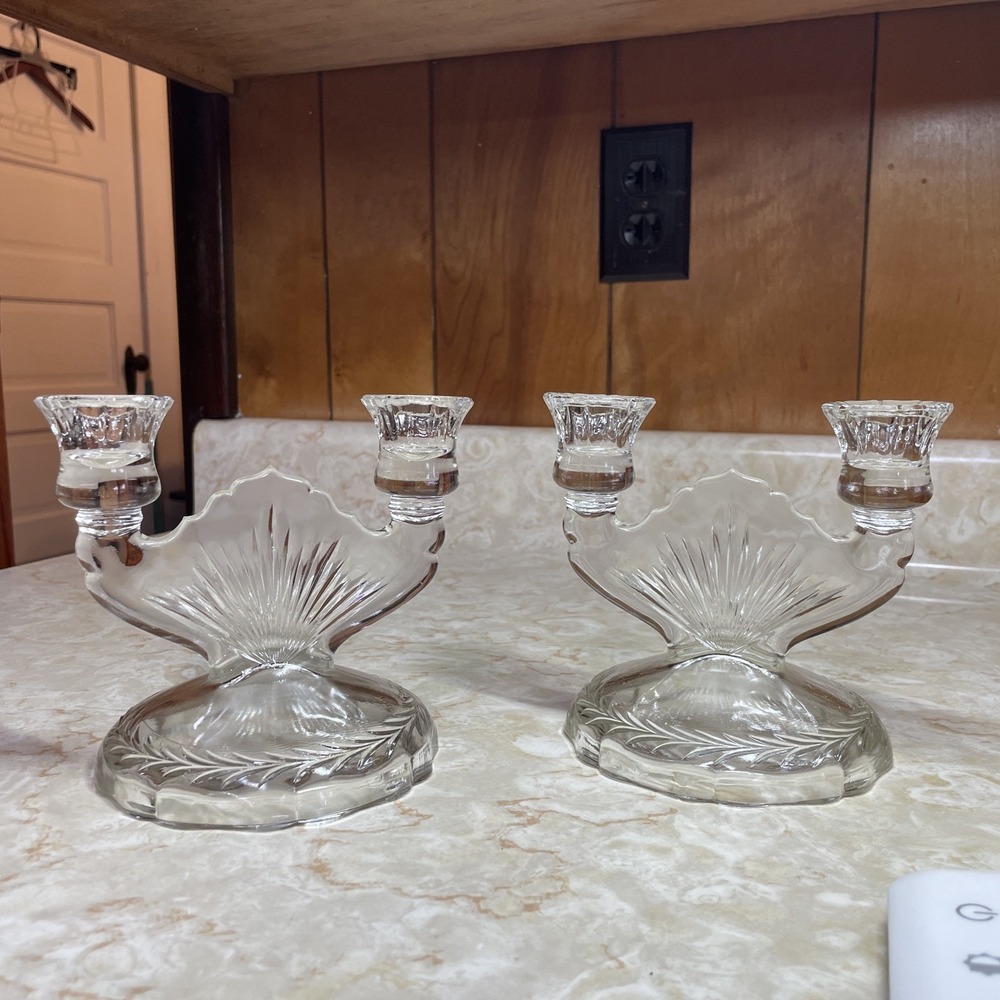 Vintage Depression Glass Double Taper Candle Holder Pair | Jeanette Iris | Retro